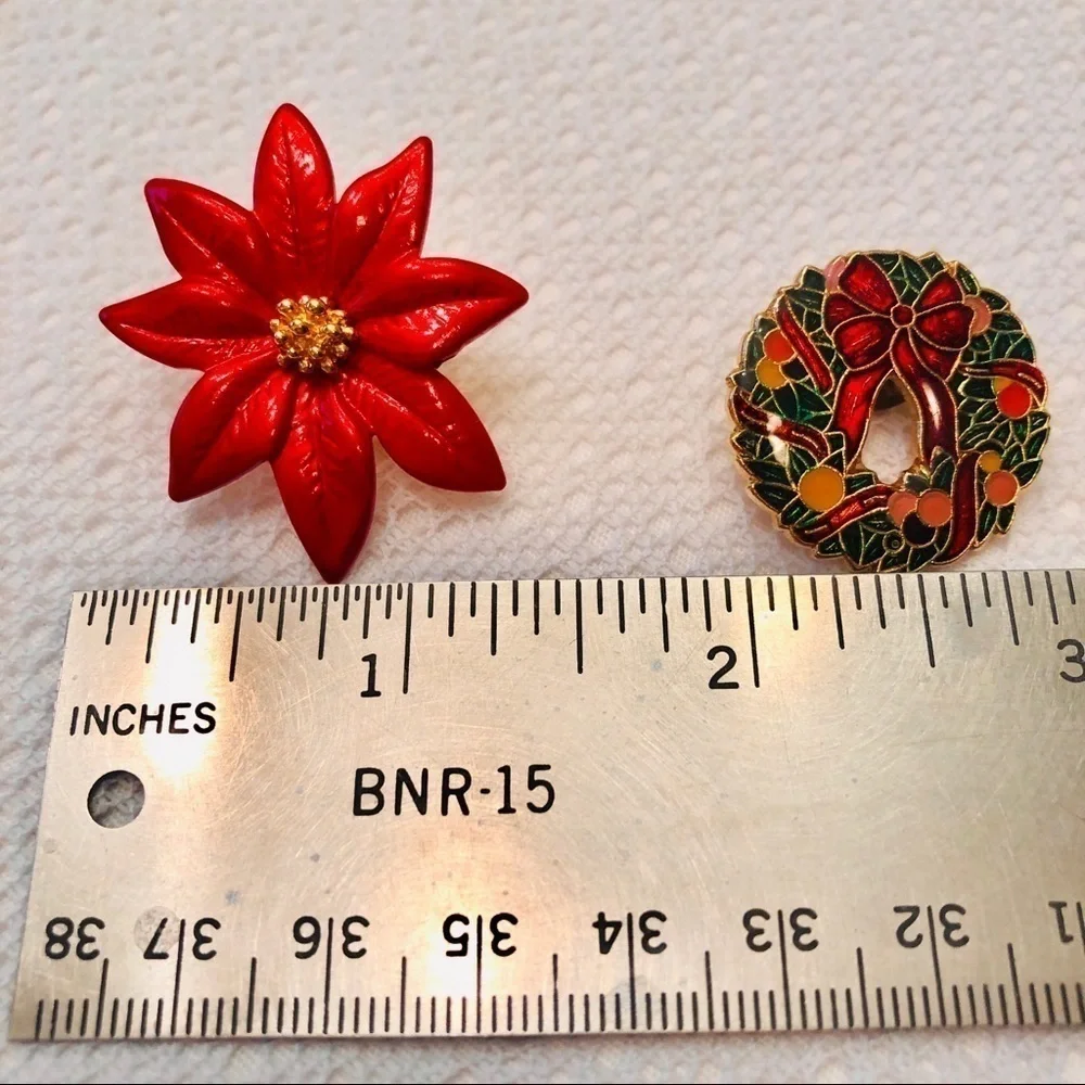 Christmas Brooch Bundle FIVE Gold Red Green Bell Tree Holiday Pins